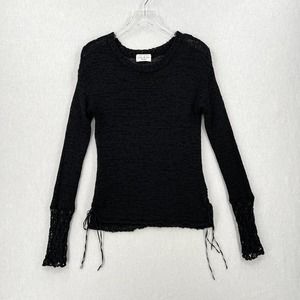 FEEL THE PIECE Loose Ribbon Knit Sweater Womens XS Small Black Long Sleeve Ties